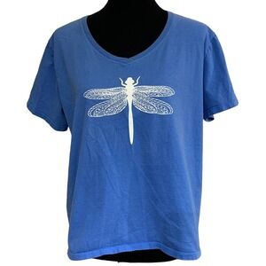 Hand Printed Upcycled Womens XL Dragonfly Short Sleeve Cotton V-Neck Tee T-Shirt